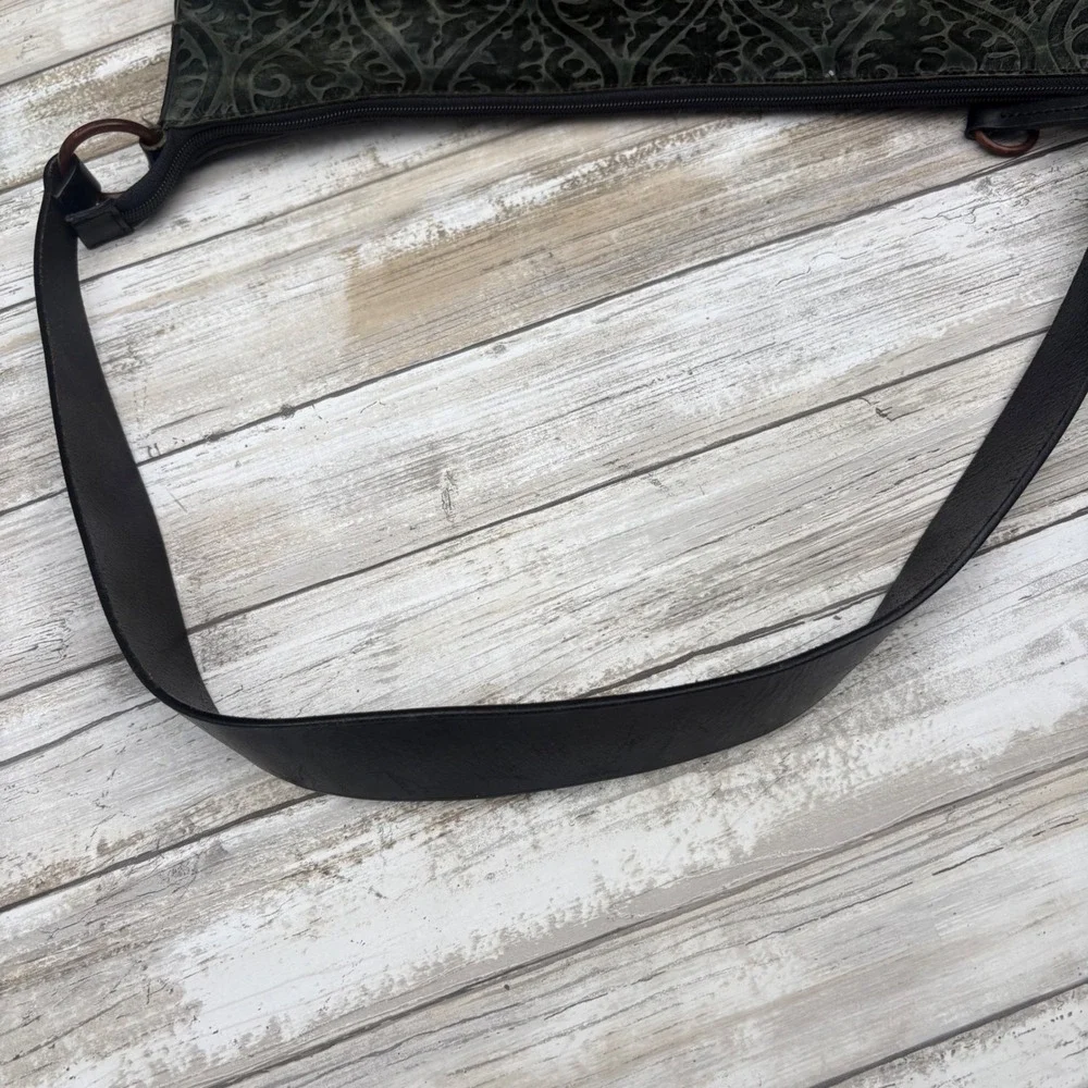 DKNY Shoulder Bag Large Green Black Leather Embossed Hobo Filigree Hippie Boho